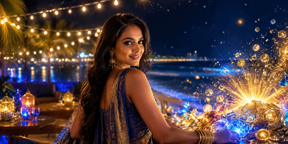 Elegant VIP player enjoying casino benefits with gold and blue lighting